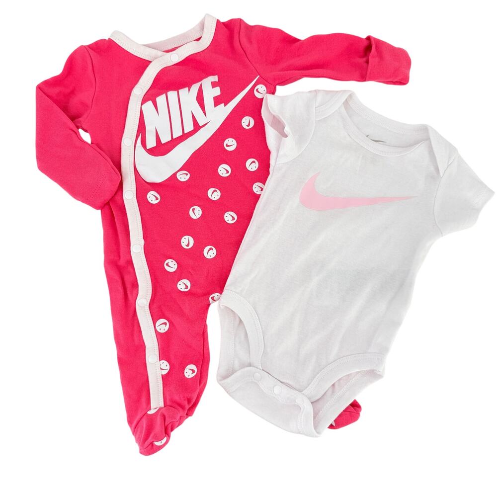 Nike Baby 2 Piece Lot Bodysuit Footed Sleeper 0-6M 3M Pink White Smiley Swoosh